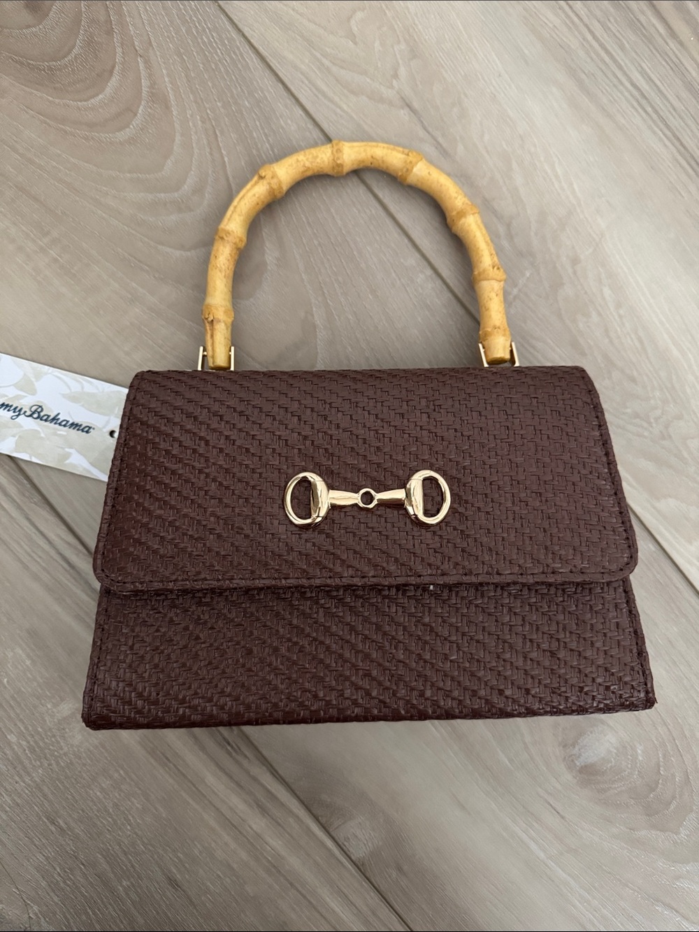 Tommy Bahama Dark Brown Woven Top-Handle Satchel with Bamboo Handle